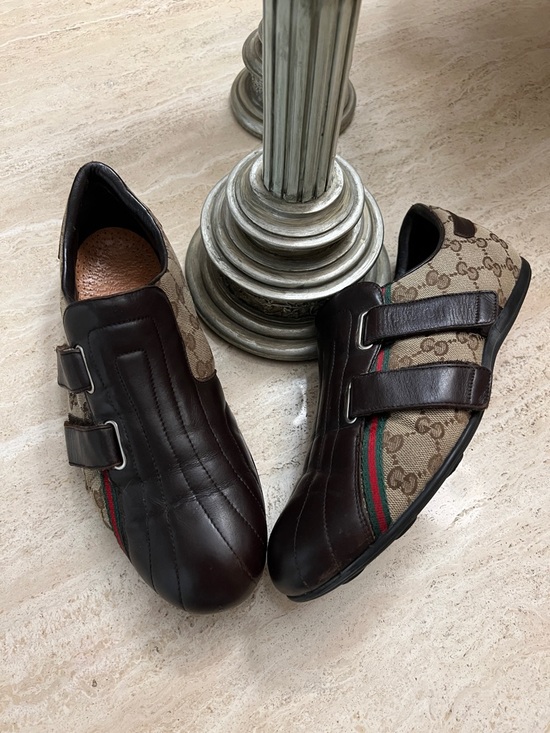 Gucci Other - Gucci Brown Leather & GG Canvas Velcro Men’s Sneakers with Web Stripe